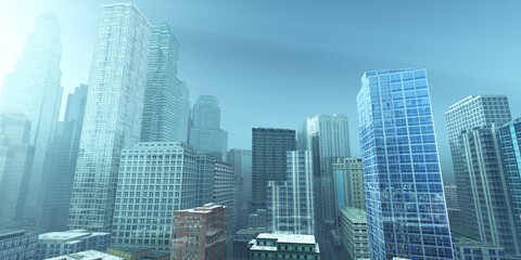 Obraz premium Skyscrapers, high-rise buildings from below against the background of the sky, cityscape, panorama of skyscrapers, 3D rendering