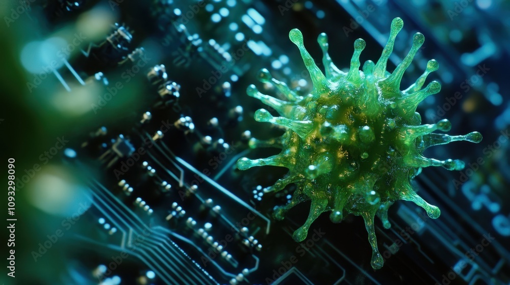 Poster close-up view of a green virus on a circuit board illustrating the intersection of technology and mi