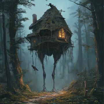 a mysterious hut on tall bird legs, located in a dense forest.  