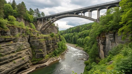 Fototapeta premium Bridge arching over a river gorge with steep rock walls and lush vegetation of willow and alder trees, rocky terrain, dramatic landscape