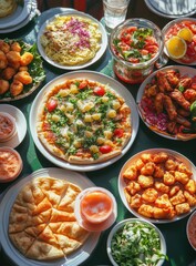 Colorful Array of Delicious Dishes Featuring Pizza, Fried Snacks, Fresh Salads, and Various Sauces on a Table Ready for Enjoyment