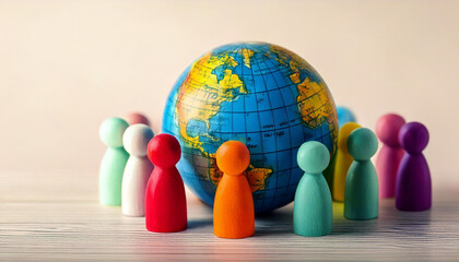 People surrounded a green Globe world planet earth. Diplomacy and crowdfunding. Concept of cooperation and collaboration of people and countries around the world. Outsourcing and joint work on project