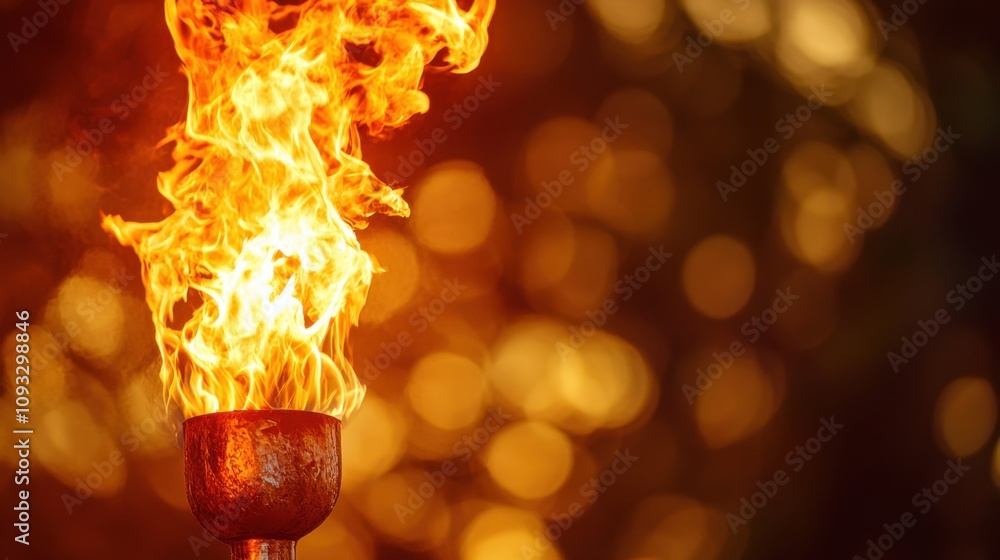 Poster vibrant torch flame illuminating a dark background with glittering bokeh effects creating a warm and