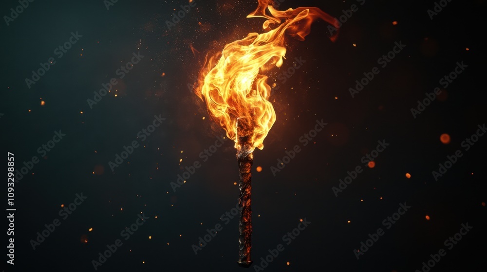 Poster vibrant flame torch illuminating darkness with flickering fire and sparkling particles creating a ma