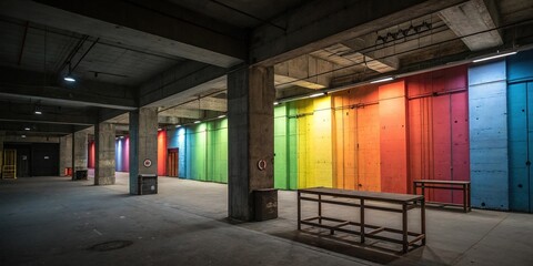 Colorful concrete walls in a dimly lit room with industrial furniture, geometric shapes, industrial furniture, modern decor
