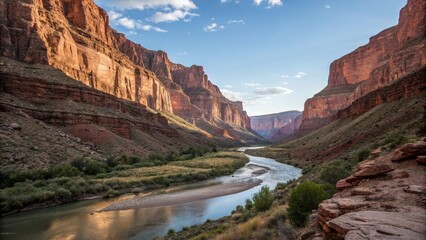 Crested canyon with towering red rock cliffs and a gentle river winding its way through the landscape, rivulet, blue sky, nature scenery, river flowing