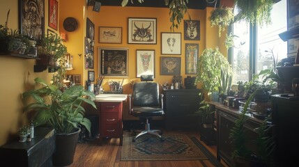 Fototapeta premium Cozy Artistic Tattoo Studio Interior with Green Plants and Eclectic Art on the Walls, Featuring a Stylish Chair and Warm Natural Light