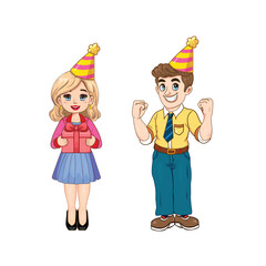 character illustration of a couple in a birthday party celebration isolated on white background. Illustration of man-woman in birthday party theme 