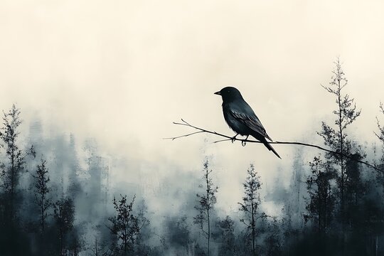 A lone bird perched on a branch in a misty forest