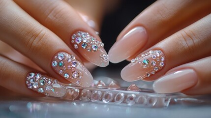 Elegant and Sparkling Manicure with Rhinestones and Natural Nails for Stunning Nail Art Display