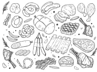 Fresh raw meat collection, sketch vector illustration. Hand drawn food isolated design elements. Pieces of beef steak, ham, pork fillet, lamb chops.