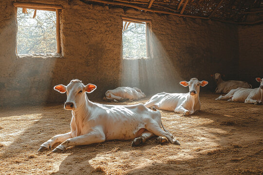 Sacred cows resting in traditional gaushala shelter, warm sunlight filtering through windows.