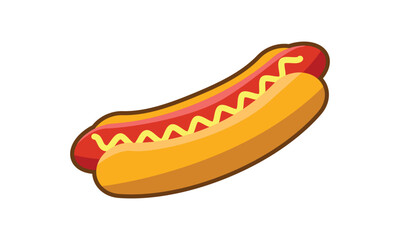 Hot dog cartoon illustration. Fast food hotdog with mustard on white background. Side view. poster, menus, brochure, web