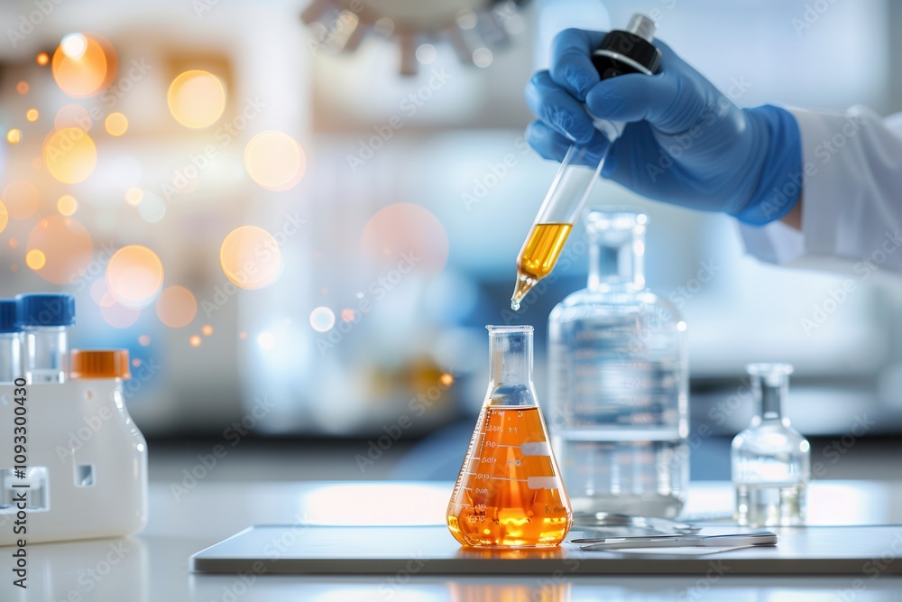 Poster a laboratory scene showing a scientist's gloved hand using a dropper to add orange liquid into a bea