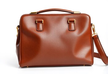 A brown purse with a gold clasp sits on a white background Ai generated