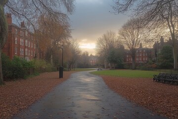 Obraz premium A peaceful autumn scene in a city park with bare trees and fallen leaves covering the path, leading towards buildings under a gray, overcast sky, creating a serene and reflective atmosphere