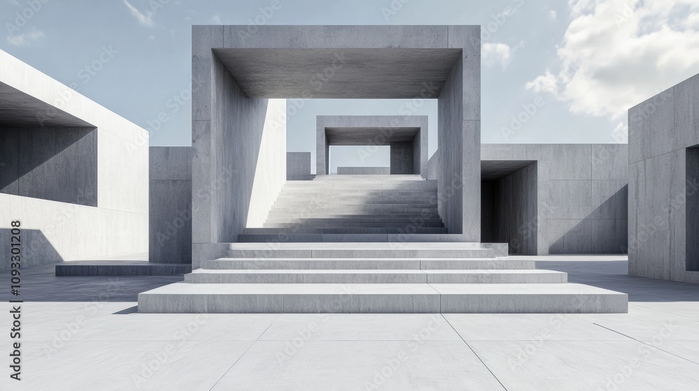 Poster modern concrete architecture with geometric shapes and open spaces, ai