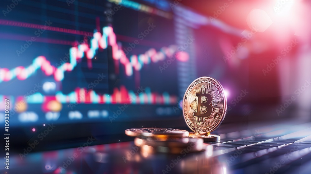 Aufkleber a golden bitcoin displayed on a laptop keyboard with a trading chart in the background, representing