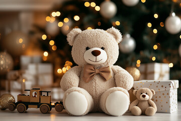 Christmas theme photography background, white brick wall, white Windows, Christmas decorations, Christmas tree and white decorative lights, toy bear sitting on drum head.