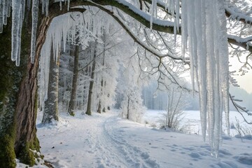 Frozen crystal formations in the woods, icy terrain, winter landscape
