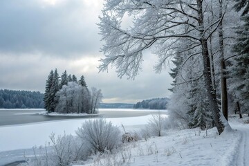 Fototapeta premium Frozen landscape with snow-covered trees and a serene lake in the background, frozen, snow, serene, snowy forest, outdoors