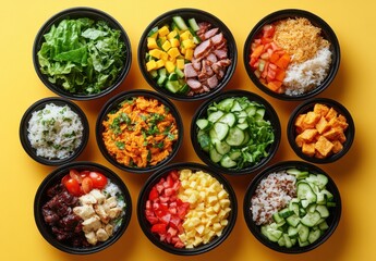 Colorful Assortment of Fresh Ingredients in Black Bowls on Bright Yellow Background, Featuring Vegetables, Fruits, Rice, and Proteins for a Healthy Meal Preparation