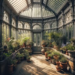 Obraz premium Exquisite Victorian-style conservatory with ornate ironwork, a domed glass ceiling, and lush indoor plants