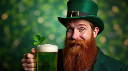 Smiling man with long red beard wearing a green top hat and holding a glass of green beer. St. Patrick's Day, Irish culture, pub, celebration