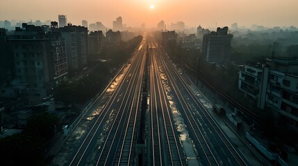 Fototapeta premium photo of a drone shot of delhi's electrified marathon tracks, electric trail on the tracks, early morning time, photorealistic.