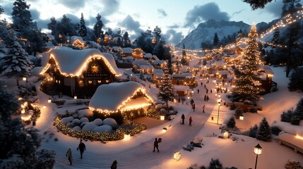 Obraz premium A snowy village at night with glowing Christmas lights, cozy cottages, and people walking with lanterns.