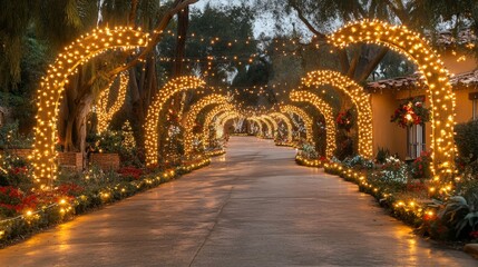 Obraz premium Enchanting pathway adorned with festive lights and vibrant flowers at dusk