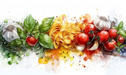 A colorful arrangement of classic Italian pasta ingredients showcases vibrant tomatoes, fresh garlic, aromatic basil, and delicate pasta ribbons. This artistic portrayal celebrates Italian flavors