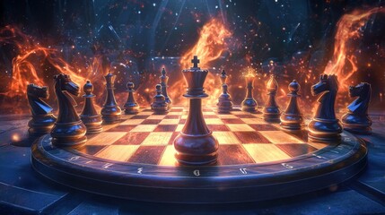 Fiery Chess Battle on Galactic Chessboard Illuminated by Cosmic Flames