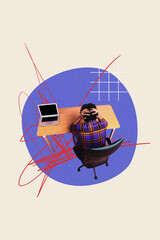 Vertical photo collage of puzzled businessman sit office table chair broke laptop device freelancer...