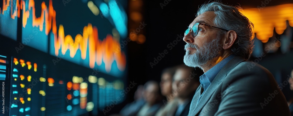 Poster a focused professional analyzes data on a large screen, surrounded by colleagues, in a modern, tech-