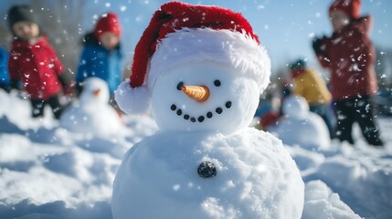 Fototapeta premium A close-up of a snowman wearing a Santa hat, surrounded by children playing in the snow and building more snow sculptures. 