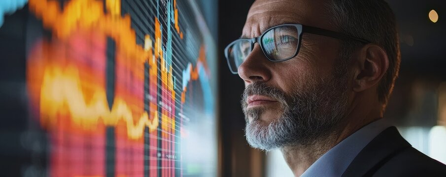 A thoughtful man analyzes financial data displayed on a screen, reflecting insights and trends in a corporate environment.