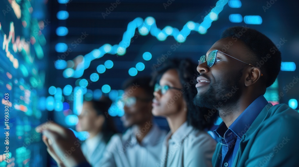 Poster a diverse group of professionals analyzing data on glowing screens with financial graphs and statist