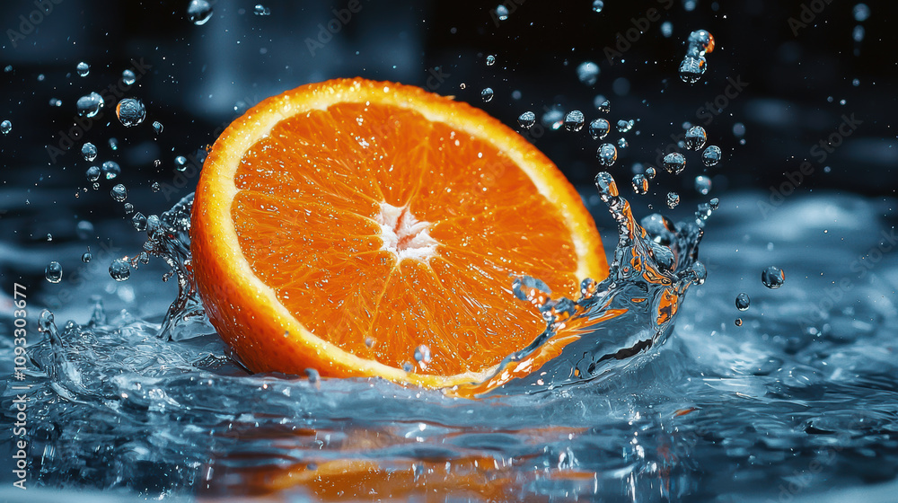 Poster freshly halved orange splashing in water, showcasing vibrant color and texture. droplets create refr