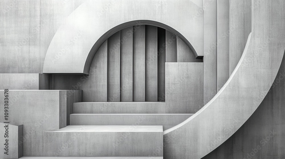 Poster abstract geometric architecture with curved and linear elements in grayscale, ai