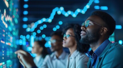 A diverse group of professionals analyzing data on glowing screens with financial graphs and statistics in a high-tech workplace.