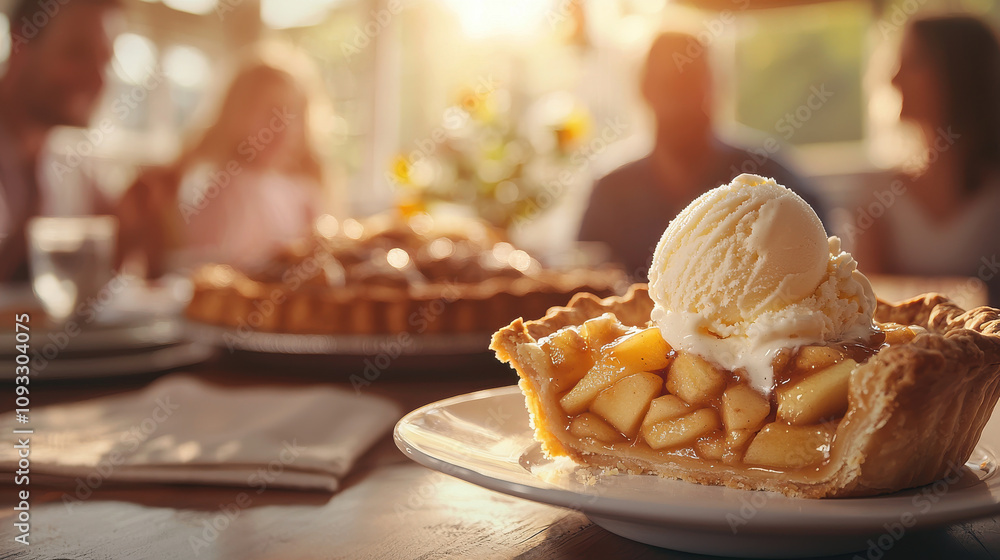 Poster delicious apple pie slice with ice cream served on plate, creating warm and inviting atmosphere for 