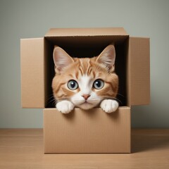 Adorable Ginger Cat Peeking Playfully from a Cardboard Box: A Charming Studio Portrait of a Curious Feline Companion