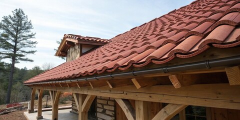 Sloped red clay tile roof with round beaver tail edge and wooden beams, rustic roof, wooden beams, rural home, natural wood