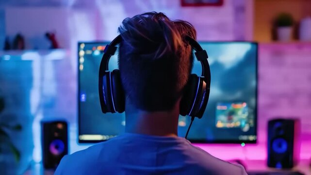 A young esports player, seen from behind, wearing a headset and fully focused on a game displayed on a large computer monitor. The concept of cybersport