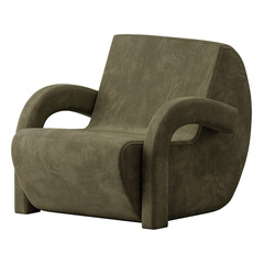 A brown chair with a curved back and a curved arm