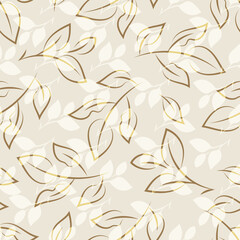 Neutral textured mid-century modern leaves seamless pattern backdrop. Elegant hand-drawn paint brush style relaxed foliage backdrop in minimalistic linear style. Botanical leaf repeat