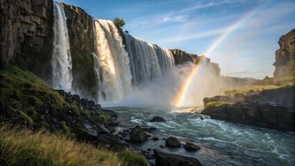 Fototapeta premium Water cascades down a rocky cliffside in a powerful waterfall, with sunlight filtering through the mist and creating a rainbow effect, rainbows, rocks