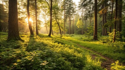 Obraz premium Warm sunlight casting a golden glow on the forest floor amidst lush greenery, verdant vegetation, forest landscape, natural ambiance