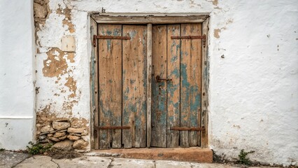Weathered wooden door with peeling paint and rusty hinges, urban, wood